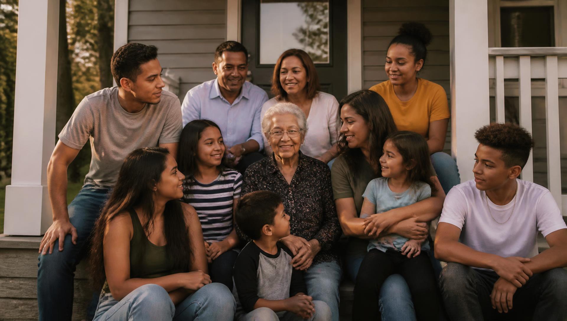 Several generations of a family sitting together on the steps of their home in warm afternoon light.