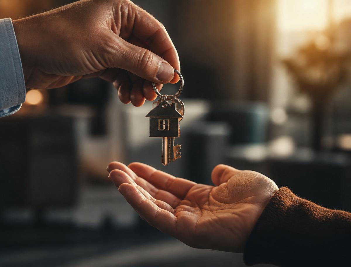 A set of house keys being handed from one person to another in warm light.
