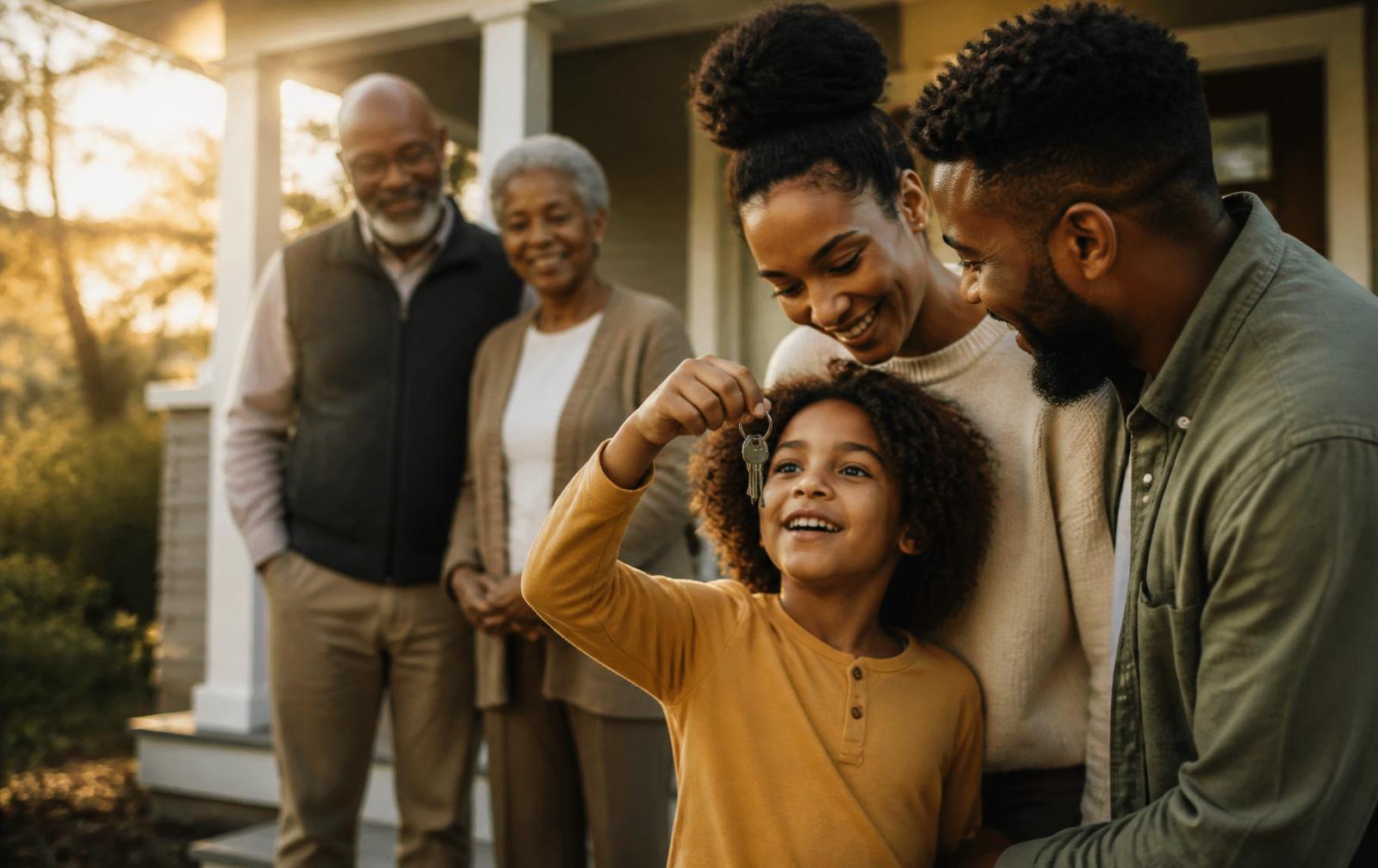 A young family receiving the keys to their new home at golden hour.