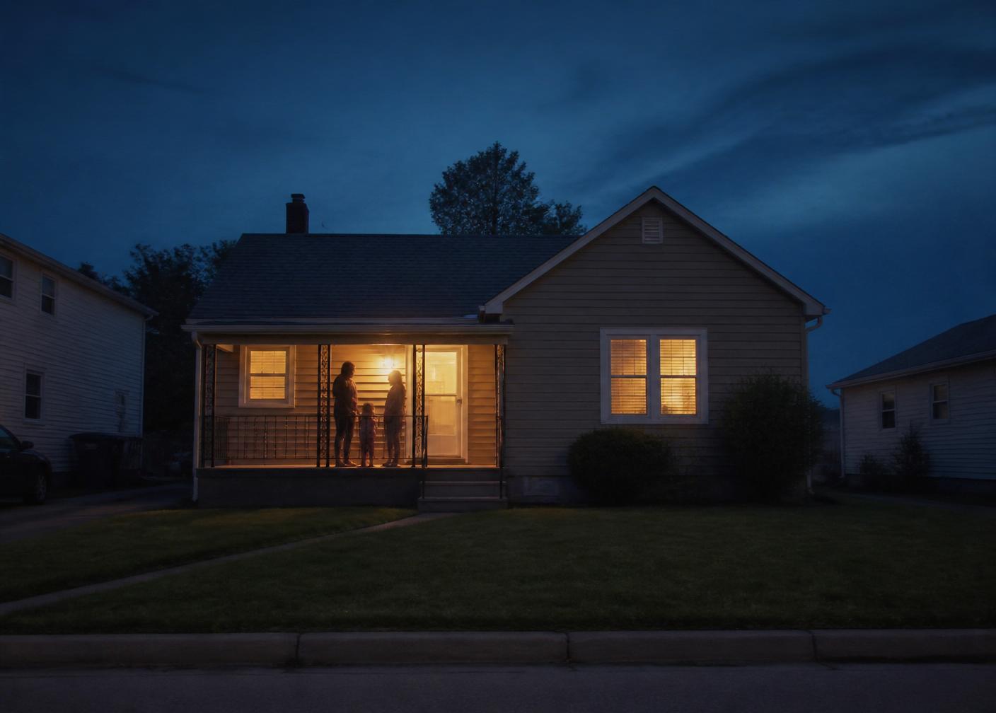 A family stands together on the porch of their home at dusk, warm lights glowing behind them.