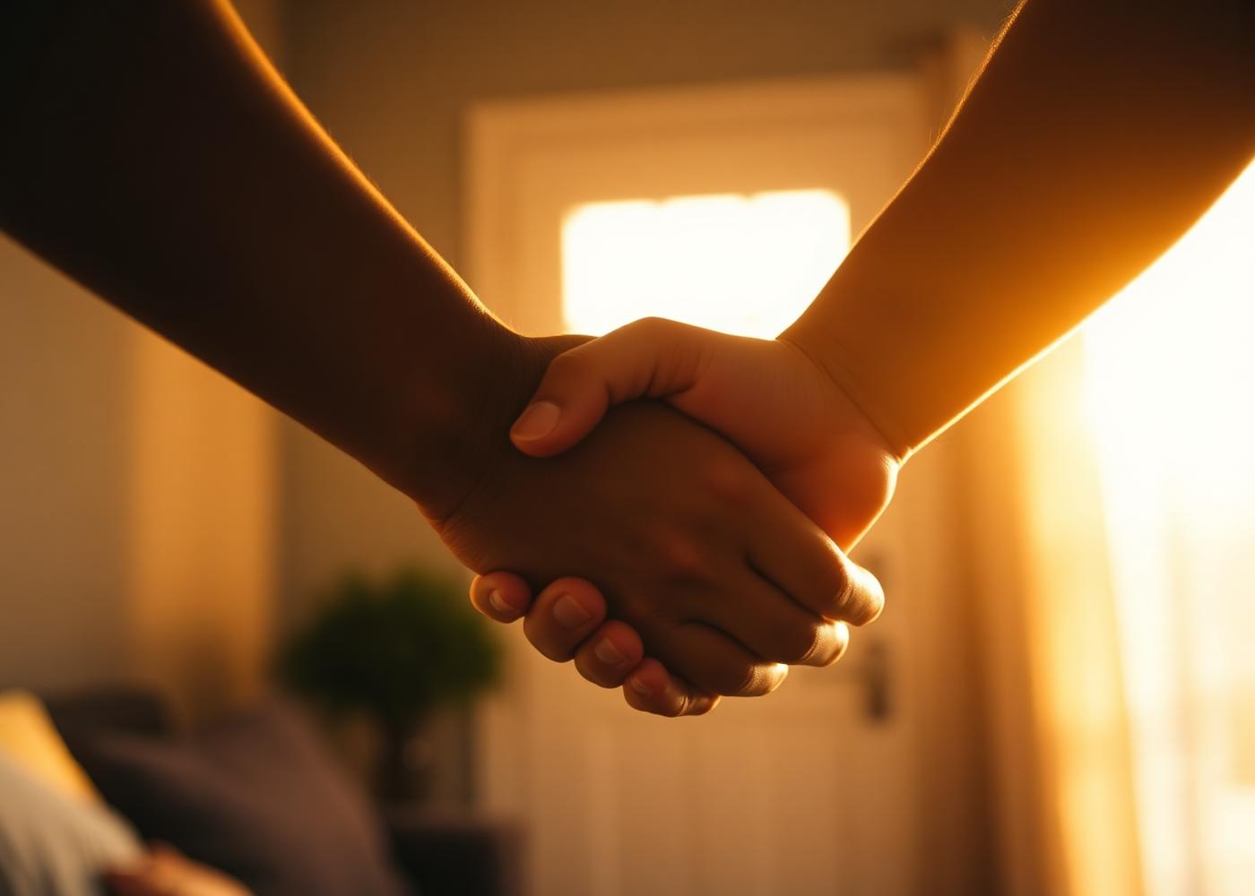 Two hands shaking in warm light inside a family home.